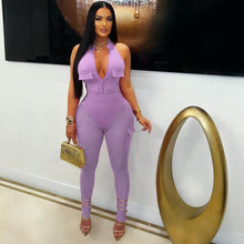 Load image into Gallery viewer, Deep V-neck sleeveless bodycon vest pocket mesh jumpsuit