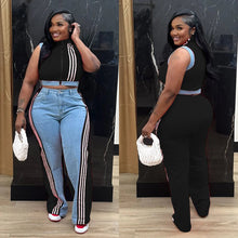 Load image into Gallery viewer, Casual Web Loose Stitching Denim Wide-Leg Pants Set