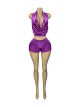 Load image into Gallery viewer, Halter neck strappy deep V neck top satin pants two piece set AY3667