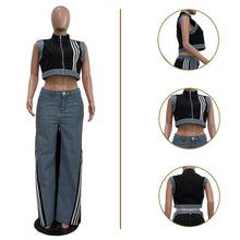 Load image into Gallery viewer, Casual Web Loose Stitching Denim Wide-Leg Pants Set