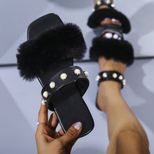 Load image into Gallery viewer, Pearl one-word plush flat slippers HPSD124