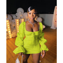Load image into Gallery viewer, Lace-up square neck puff sleeve dress(AY1459)