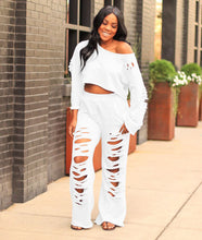 Load image into Gallery viewer, Women's casual solid color ripped flared pants sweater suit