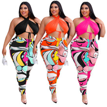Load image into Gallery viewer, Bandage print hanging neck plus size Set AY1910