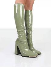 Load image into Gallery viewer, Shiny leather square toe block heel high heel boots(HPSD163)
