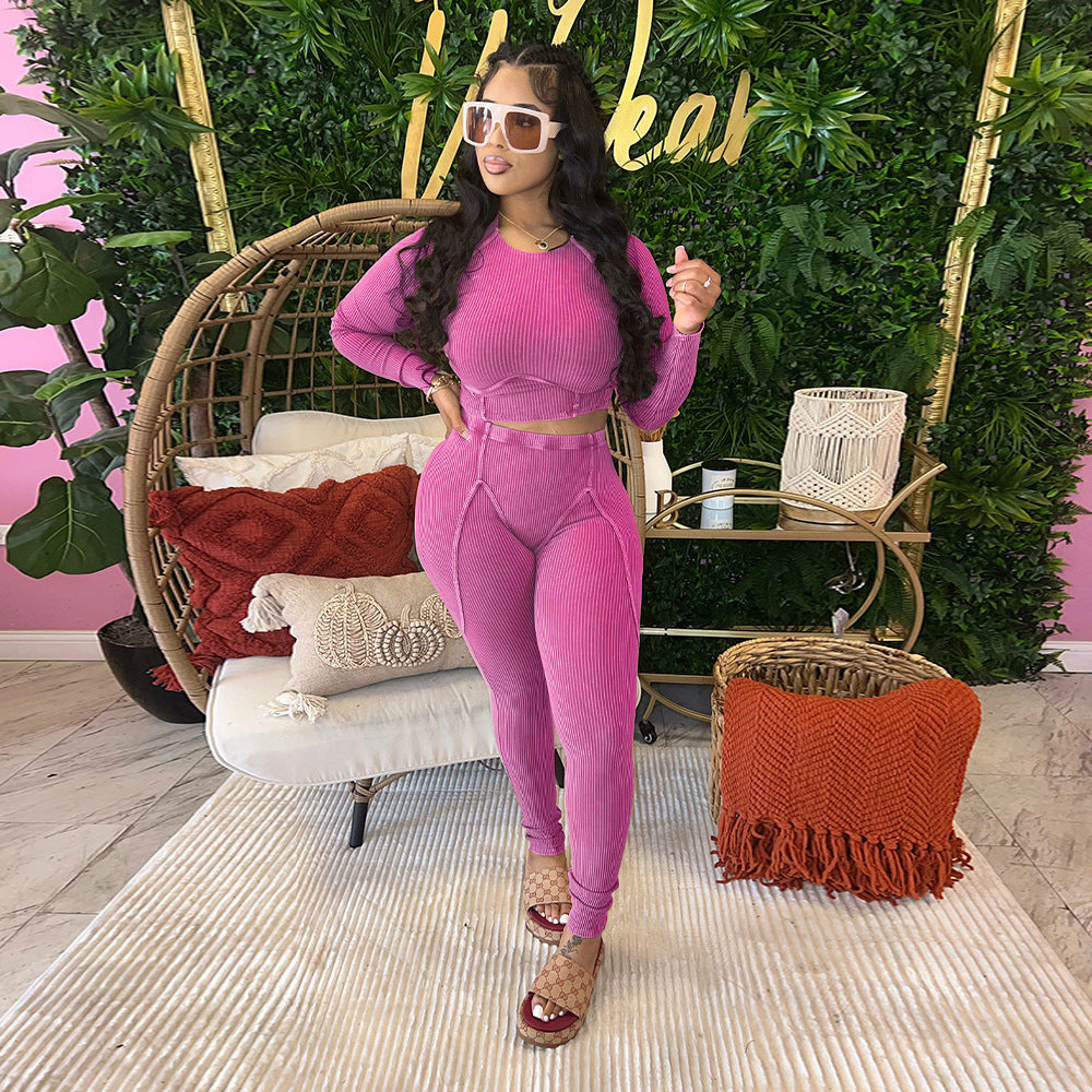 Sexy pit stripe long sleeved two-piece set AY3207