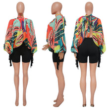 Load image into Gallery viewer, Lace up printed chiffon shirt bat sleeve top AY2900
