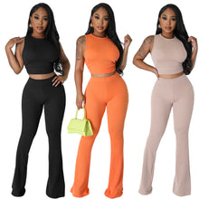 Load image into Gallery viewer, Solid color pit stripe sleeveless micro flared pants two-piece set AY2848
