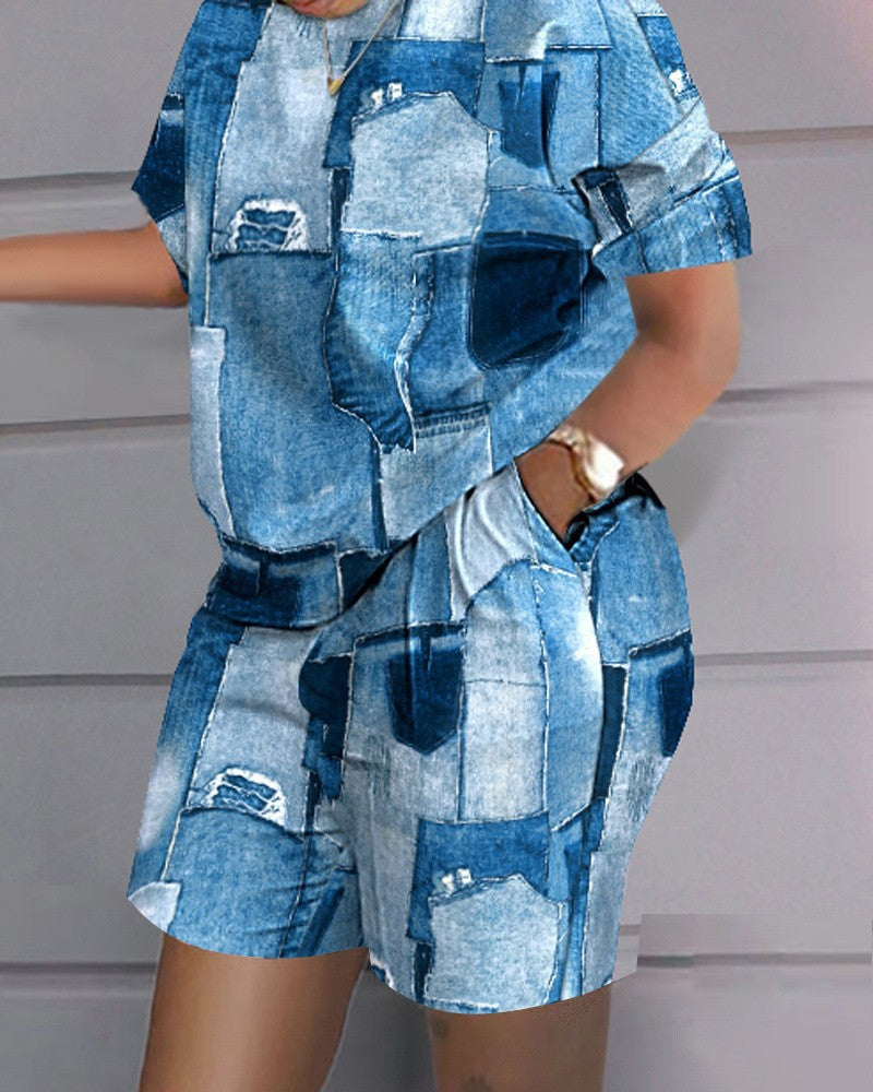 Fashion printed short sleeved two-piece set (with pockets) AY2997