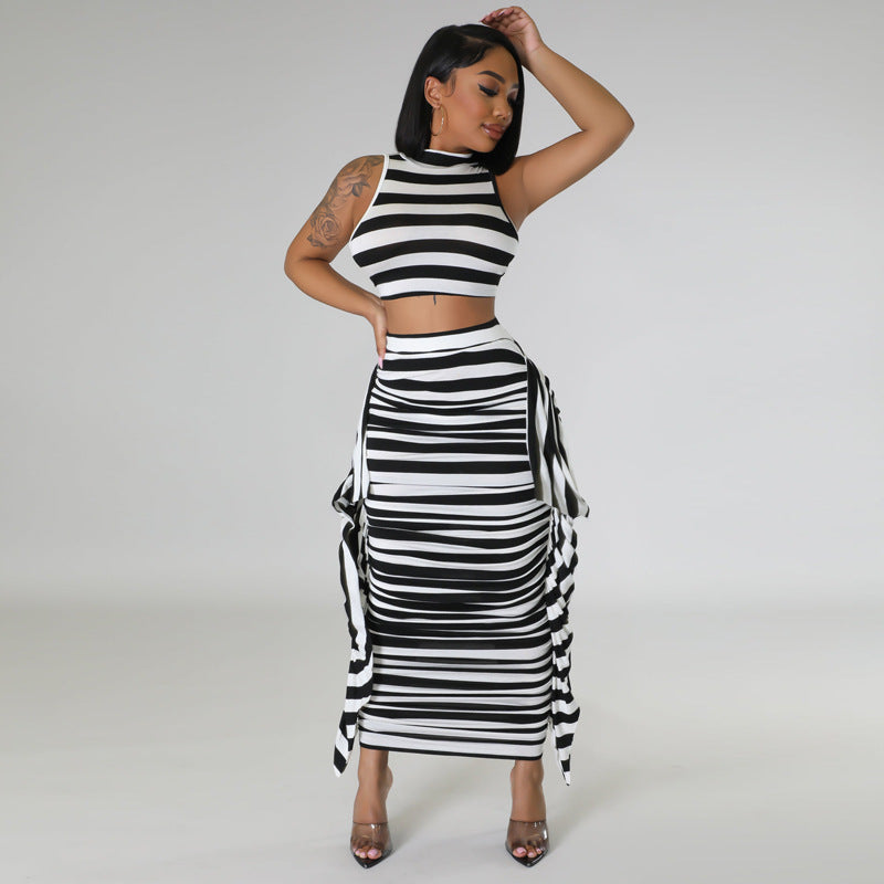 Striped open navel tight sleeveless vest skirt two-piece set AY2896