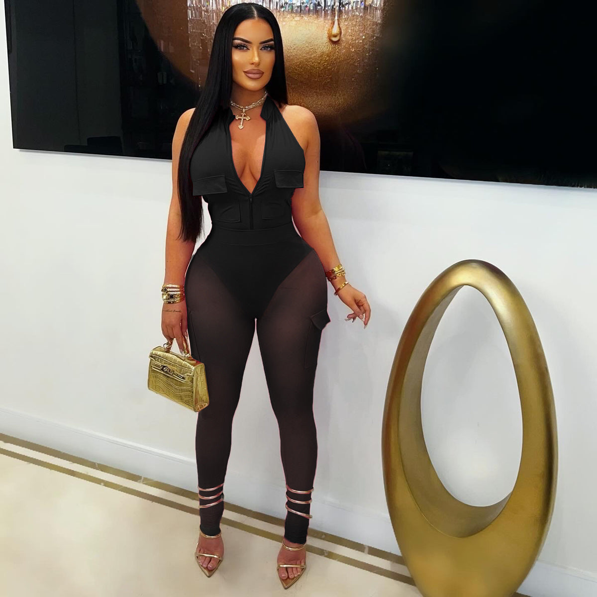 Deep V-neck sleeveless bodycon vest pocket mesh jumpsuit