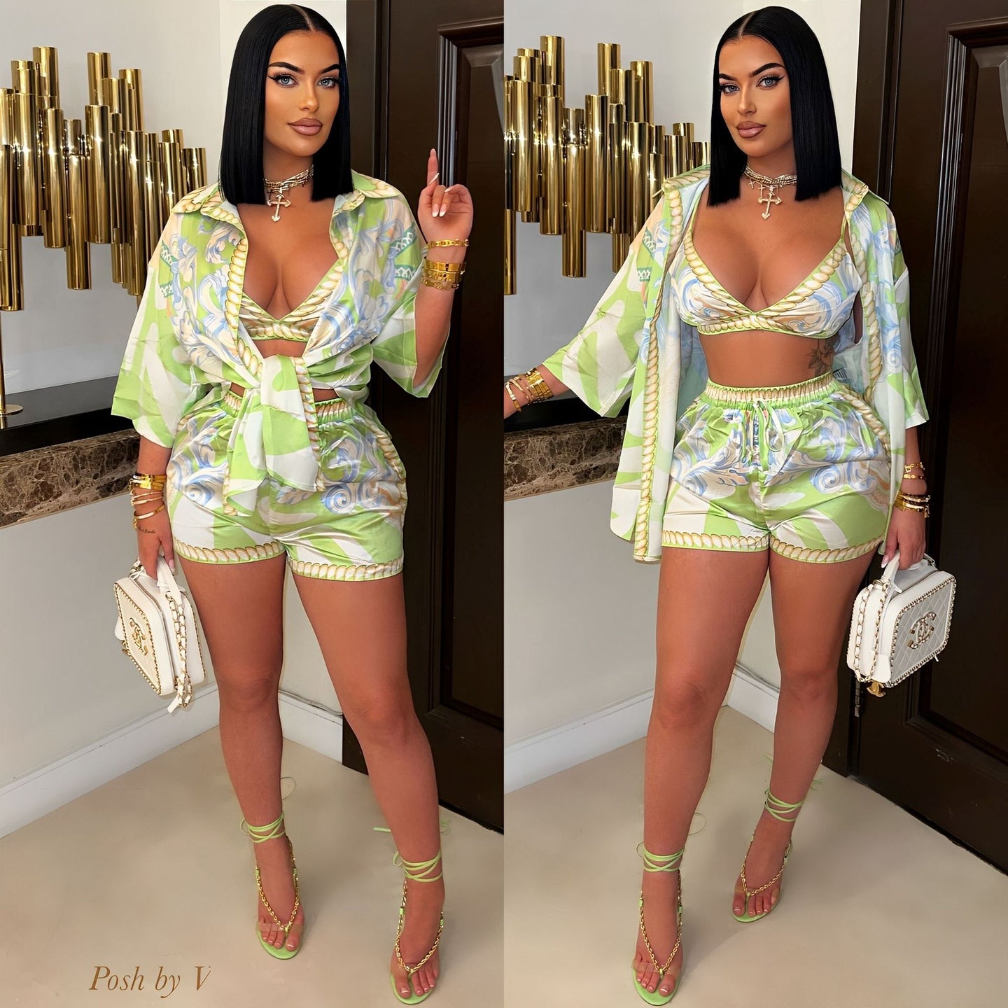 Casual Printed Beach Swimsuit Wrap-around Shirt Shorts Three-piece Set