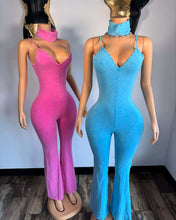 Load image into Gallery viewer, Washed V-neck denim jumpsuit with suspenders
