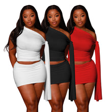 Load image into Gallery viewer, Casual fashion women&#39;s off-shoulder strap solid color short skirt suit

