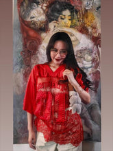Load image into Gallery viewer, Printed loose casual street perspective sexy lace patchwork T-shirt short-sleeved top
