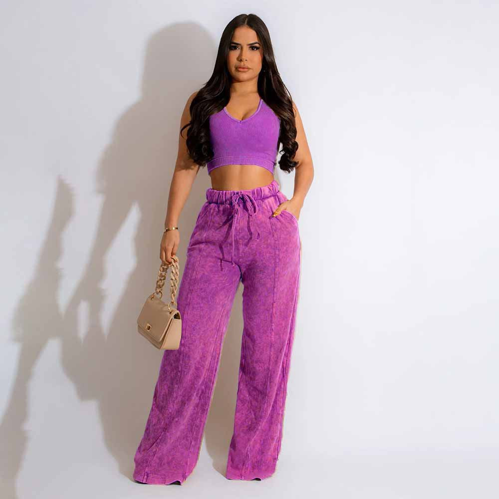 Sleeveless short top with elastic waist and wide leg pants set AY2854