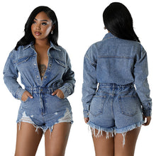 Load image into Gallery viewer, High stretch ripped tassel wash denim jumpsuit AY3358

