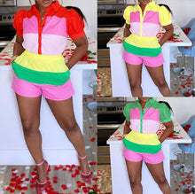 Load image into Gallery viewer, Multi-color spliced lantern sleeve shirt set AY3552
