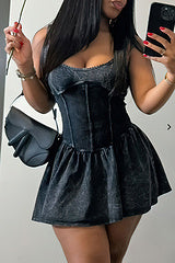 Distressed printed camisole patchwork puffy dress AY3475