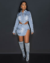 Load image into Gallery viewer, Button zipper irregular slit denim skirt suit AY3409
