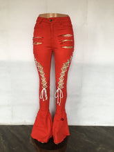 Load image into Gallery viewer, Fashion lace up ripped denim flared pants（AY2333）
