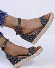 Load image into Gallery viewer, Satin floral buckle wedge sandals
