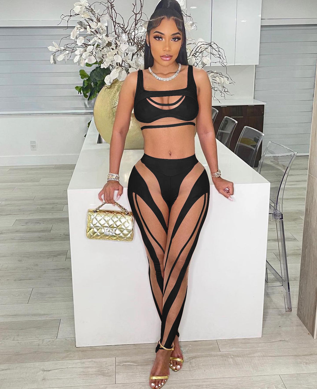 Sexy stitching cutout two-piece set（AY2225）