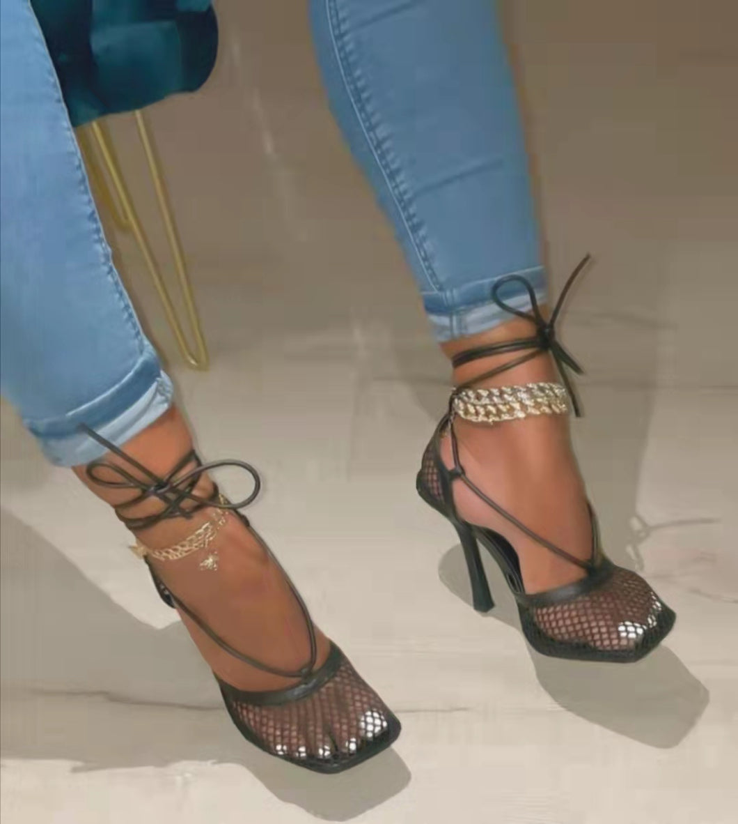 Fashionable mesh square toe strap high heels（HPSD149）
