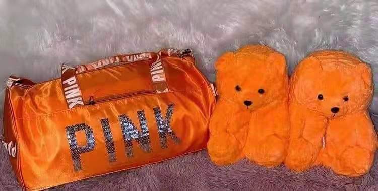 Sequin bag + teddy bear slippers sets
