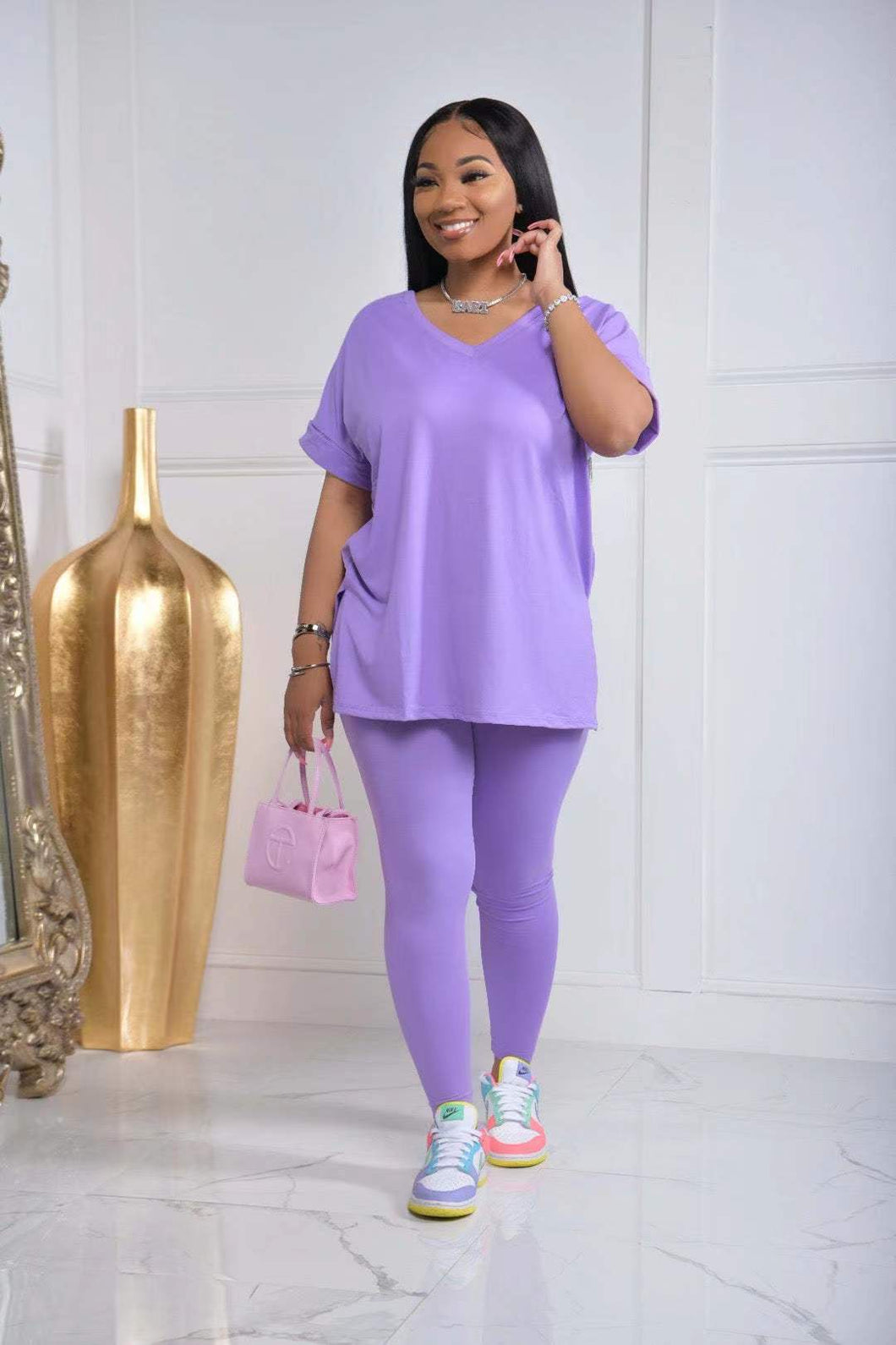 V Neck Solid Color Short Sleeve Two Piece Set（AY1840）