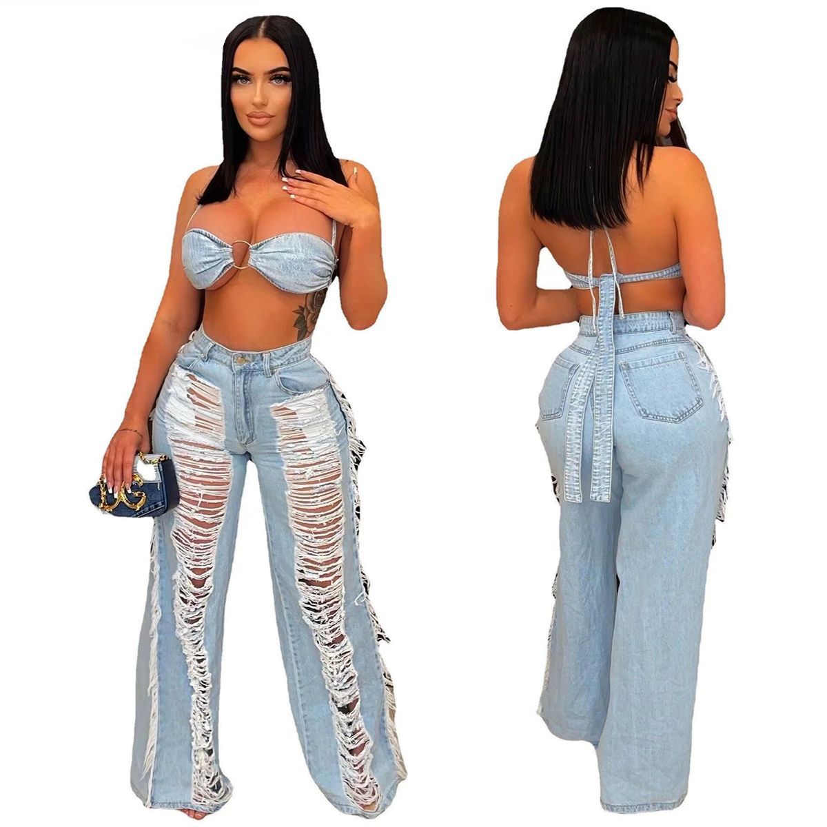 Sexy bandeau fringed denim suit（AY2283）