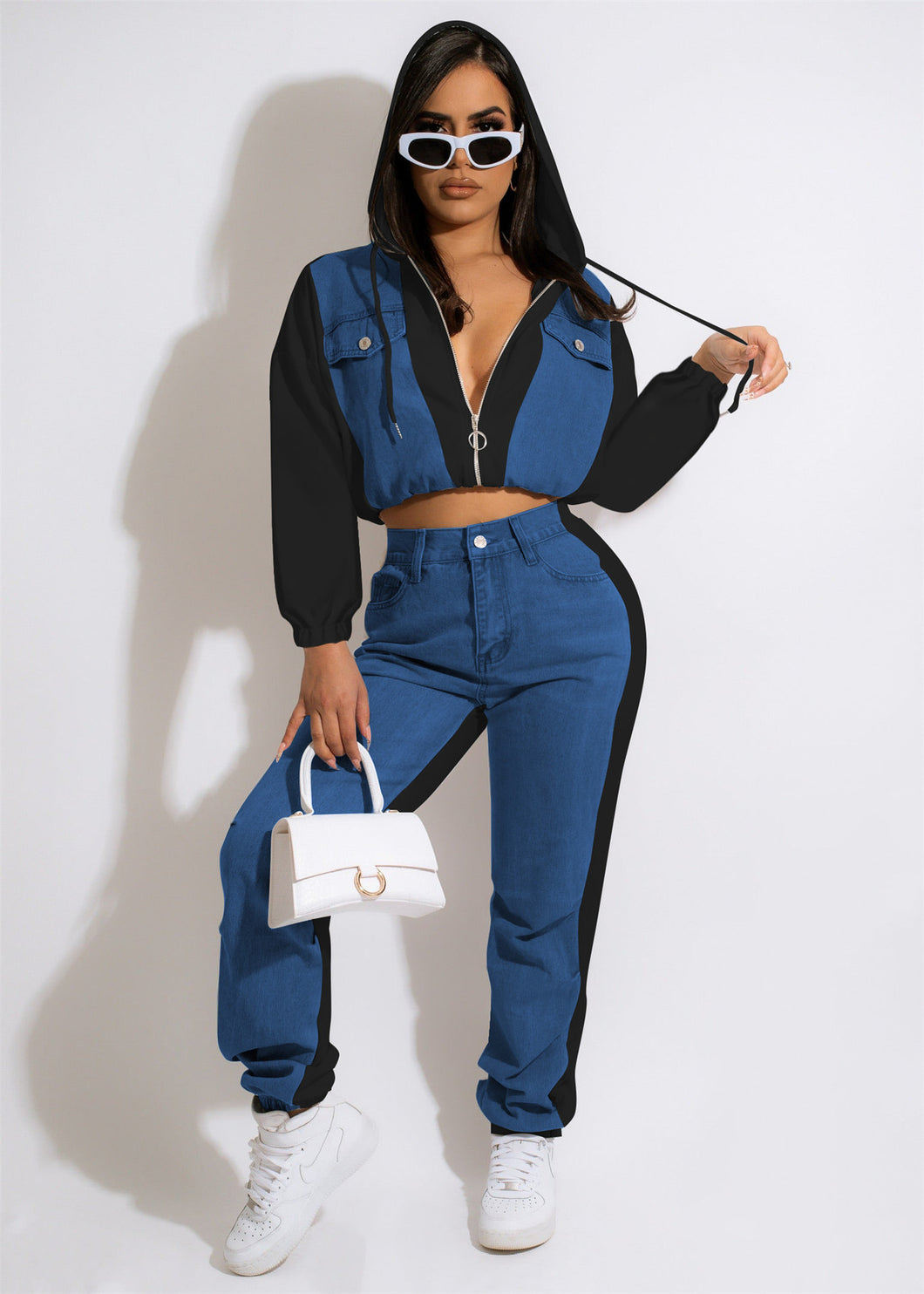 Fashion denim stitching hooded suit（AY2405）