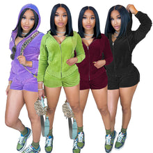 Load image into Gallery viewer, Solid Velvet Ruffle Hoodie Shorts Set（AY2259）
