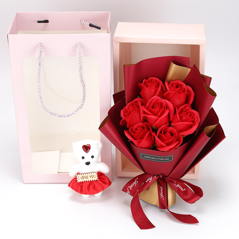 Valentine's Day 7 soap flower rose bouquet bear gift box（AE4086）