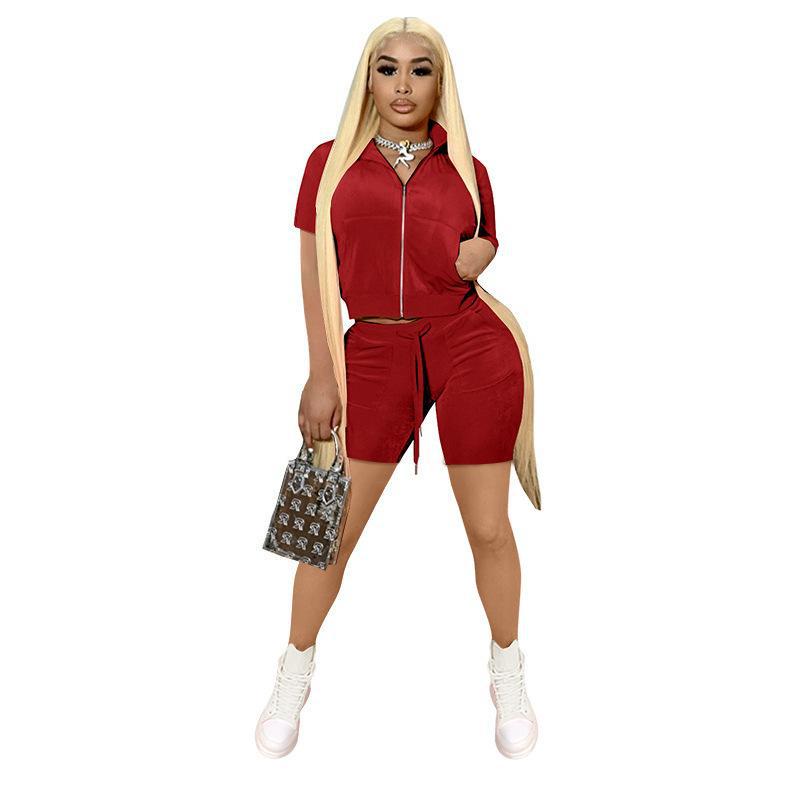 Fashion Velvet Short Sleeve Shorts Two Sets（AY1815）