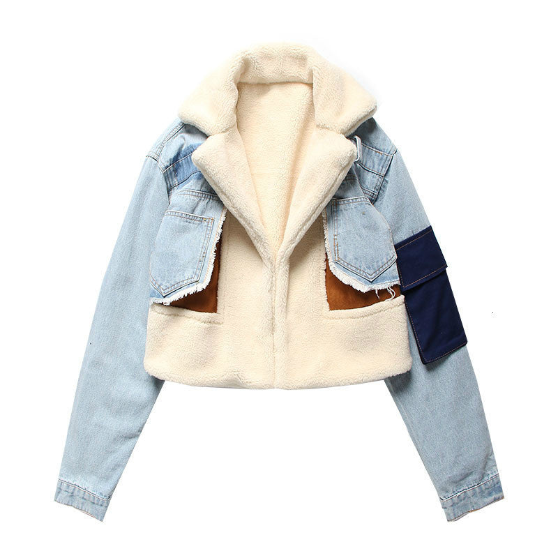 Fashion plus velvet denim stitching jacket（AY1425)