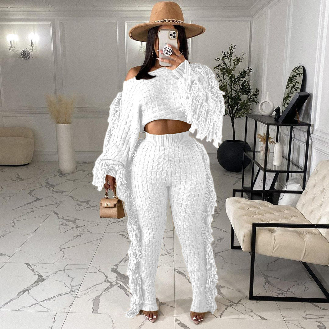 Solid color knitted long sleeve tassel suit（AY1480）