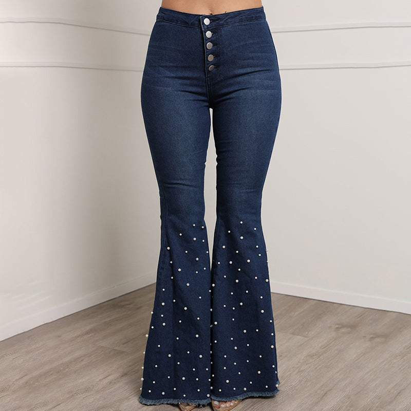 Hot selling pearl flared jeans（AY1285)