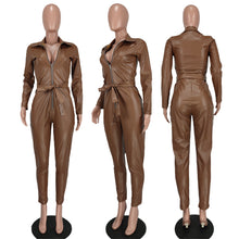 Load image into Gallery viewer, Solid color PU leather long sleeve jumpsuit(AY2563)
