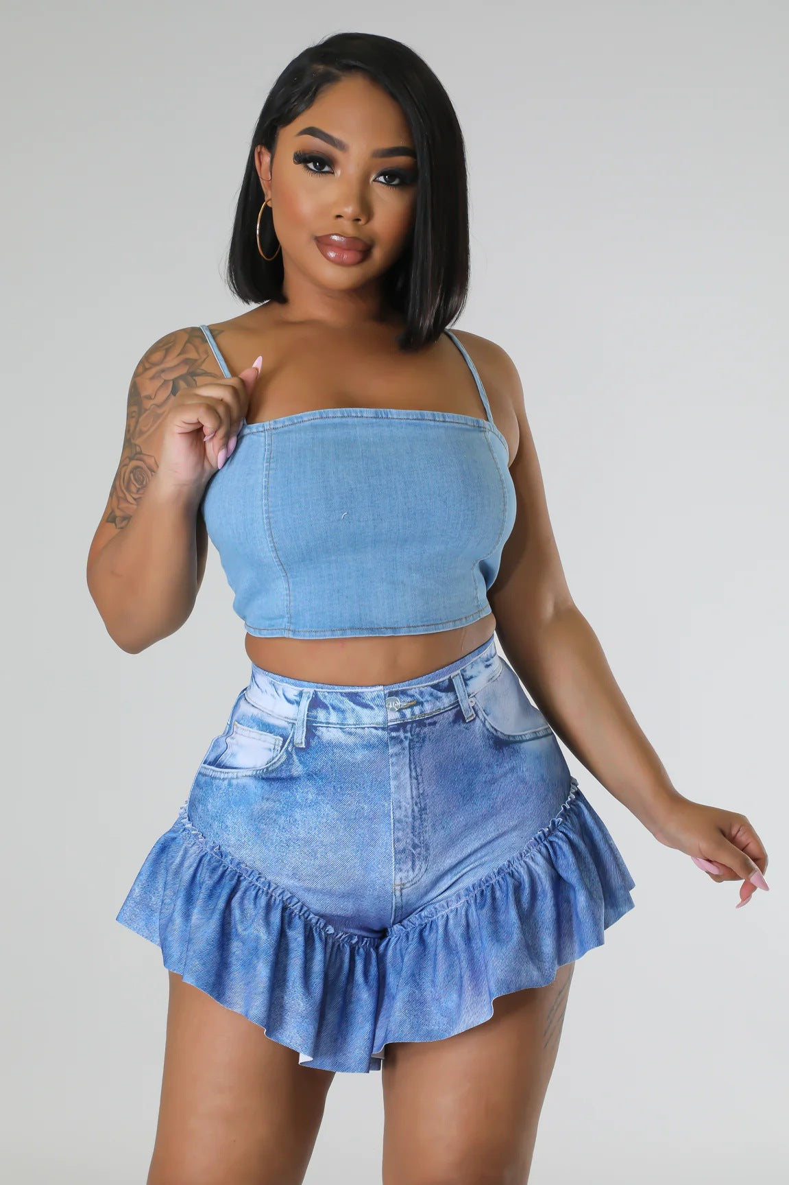 Sexy ruffled denim imitation printed shorts AY2724