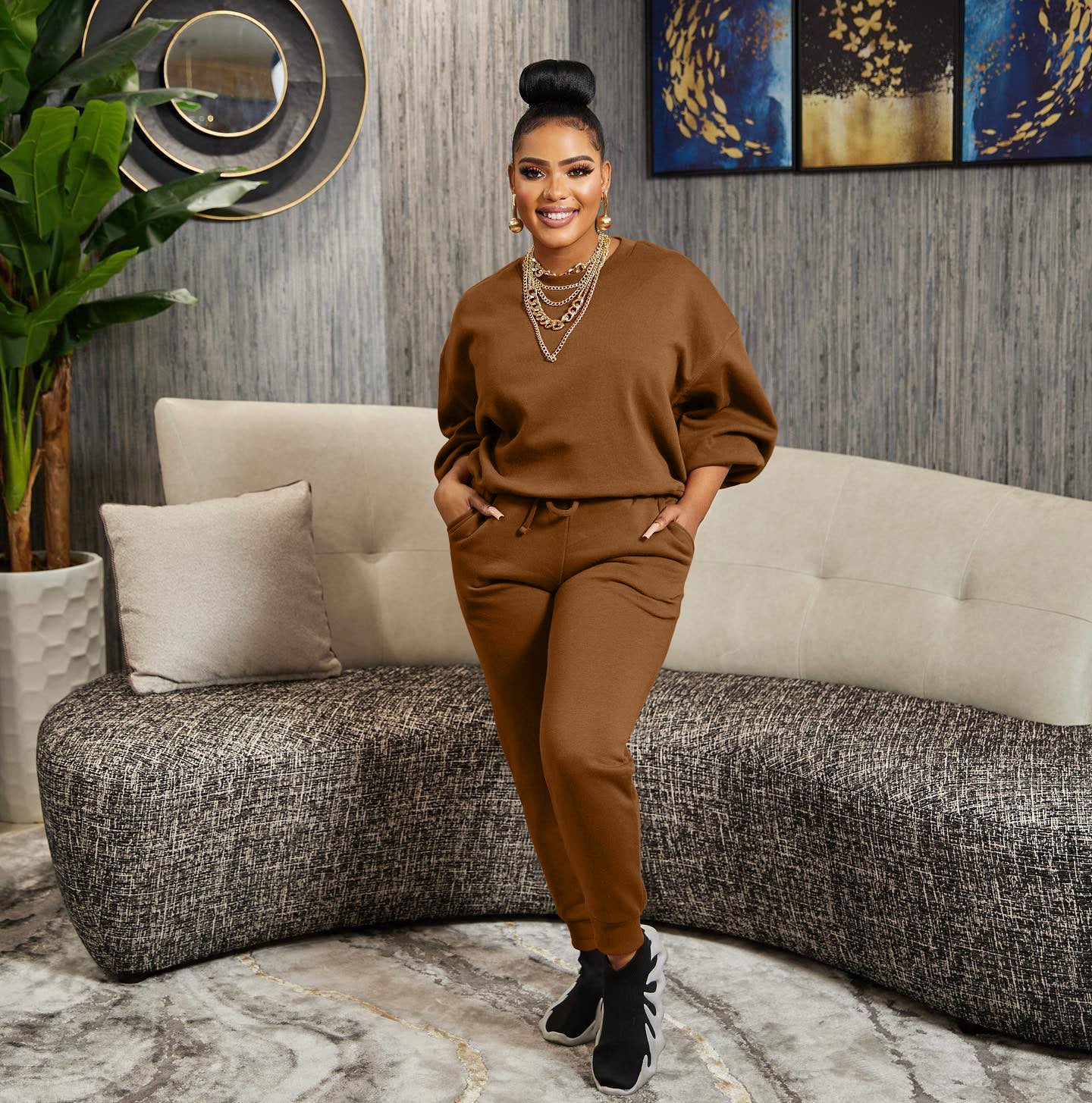 Solid color fashion casual sports two-piece set AY2553