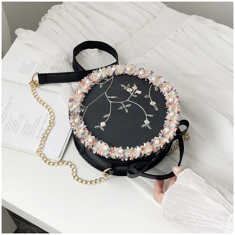 Lace flower chain shoulder small round bag AB2030