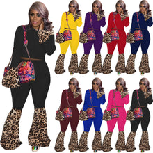 Load image into Gallery viewer, Fashion leopard print stitching top flared pants suit（AY1292）
