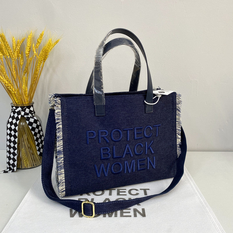Letter embroidery denim tote bag（AB2098）