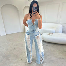 Load image into Gallery viewer, Tassel pierced hole nail drill washed denim jumpsuit AY2761
