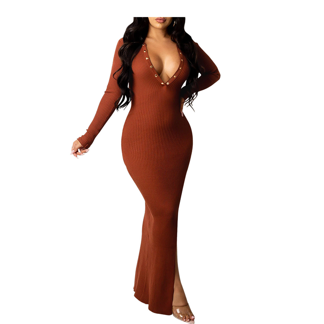 Sexy solid color V-neck split long dress（AY1432）