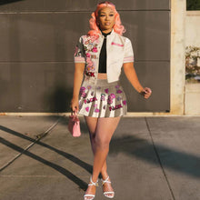 Load image into Gallery viewer, Printed bomber fashion jacket pleated skirt two-piece set AY2671
