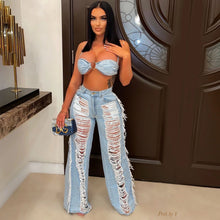 Load image into Gallery viewer, Sexy bandeau fringed denim suit（AY2283）
