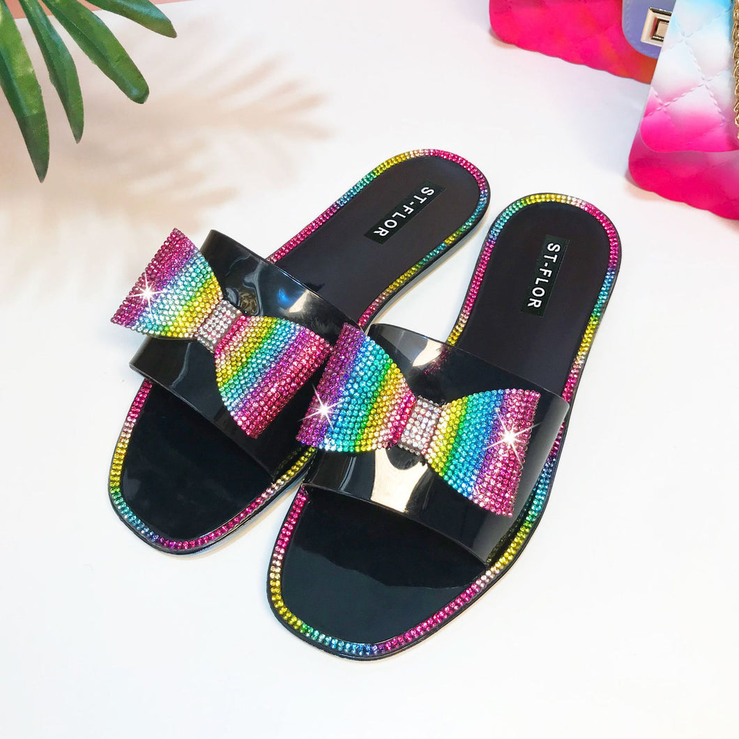 Fashion rhinestone colorful bow crystal flat slippers（ HPSD223）