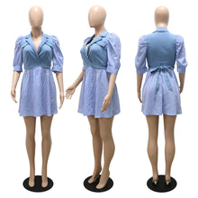 Load image into Gallery viewer, Stripe digital print stitched stand collar denim dress AY2131
